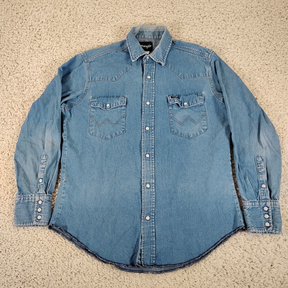 Vintage Wrangler Shirt Men Large 16 35 Pearl Snap Denim Western Cowboy Southwest